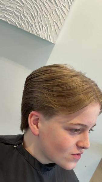 Side sweep haircut with soft layers by Kobe Popek, Warman SK